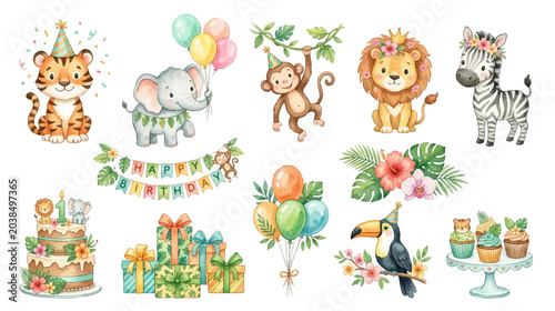 Canvas Print Adorable safari animal birthday collection featuring balloons, gifts and tropical celebration accessories