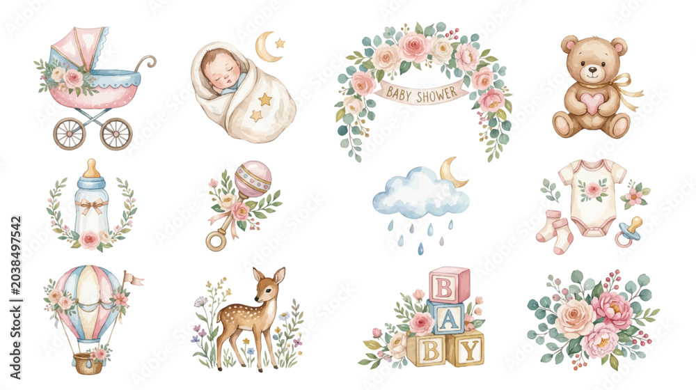 Obraz premium Elegant newborn party set featuring charming baby themed objects, flowers and festive event details. Collection of Vector illustrations for invitation, card, poster, banner, decoration