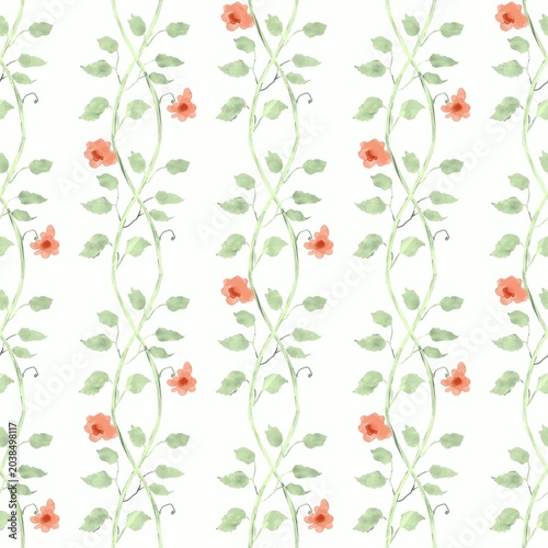 Watercolor floral stripe seamless pattern with coral red flowers. Vertical climbing vines ornament on white background for cottagecore apparel fabric, romantic wedding stationery, and nursery decor.