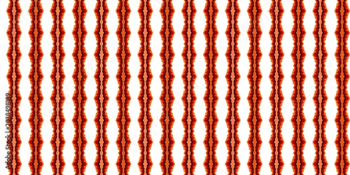 Ethnic ikat stripe seamless pattern on white background. Vibrant vertical wavy geometric ornament with orange, red, and brown lines for traditional apparel fabric, boho wallpaper, and packaging.