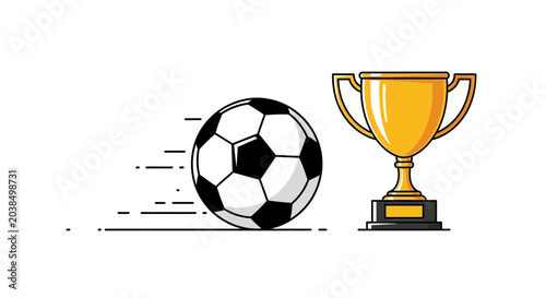 Photos Soccer ball with trophy, sports championship win, victory celebration concept