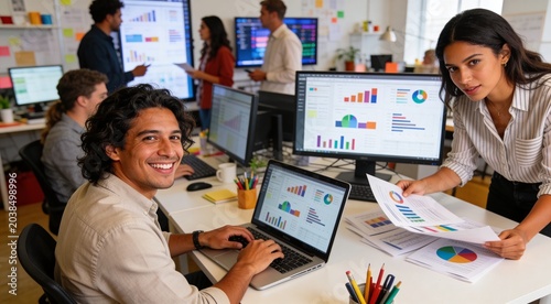 Female ad manager comparing reports and graphs at modern workspace
