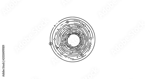 Canvastavla Abstract Circular Pattern with Orbits and Celestial Bodies, Minimalist Line Art