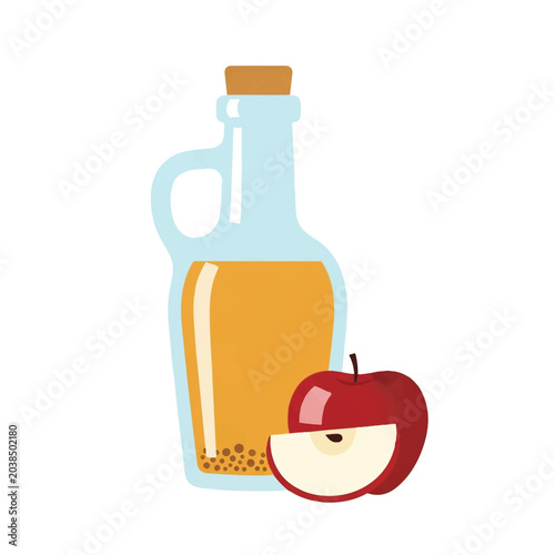 A glass bottle of apple cider vinegar with the 'mother' sediment at the bottom, accompanied by a single red apple slice. Colors: warm gold, deep red, and white. minimalist flat vector artwork,