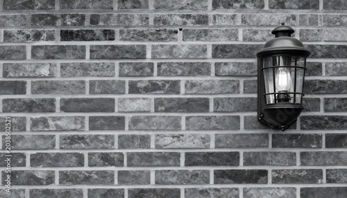 Black and white eyelevel medium shot captures a vintage wall lantern mounted on a brick wall