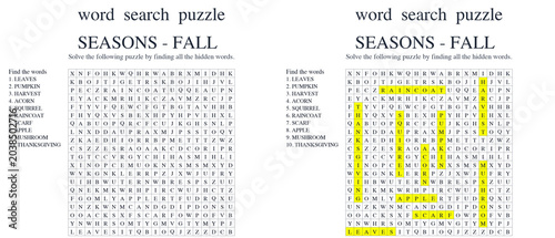 Bild auf Leinwand SEASONS - FALL Word seek puzzle sheet