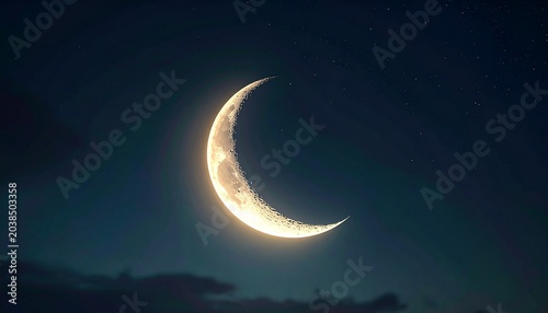 Luminous crescent moon glows brilliantly against the deep twilight sky, casting a serene light and evoking a sense of calm and wonder in the tranquil night