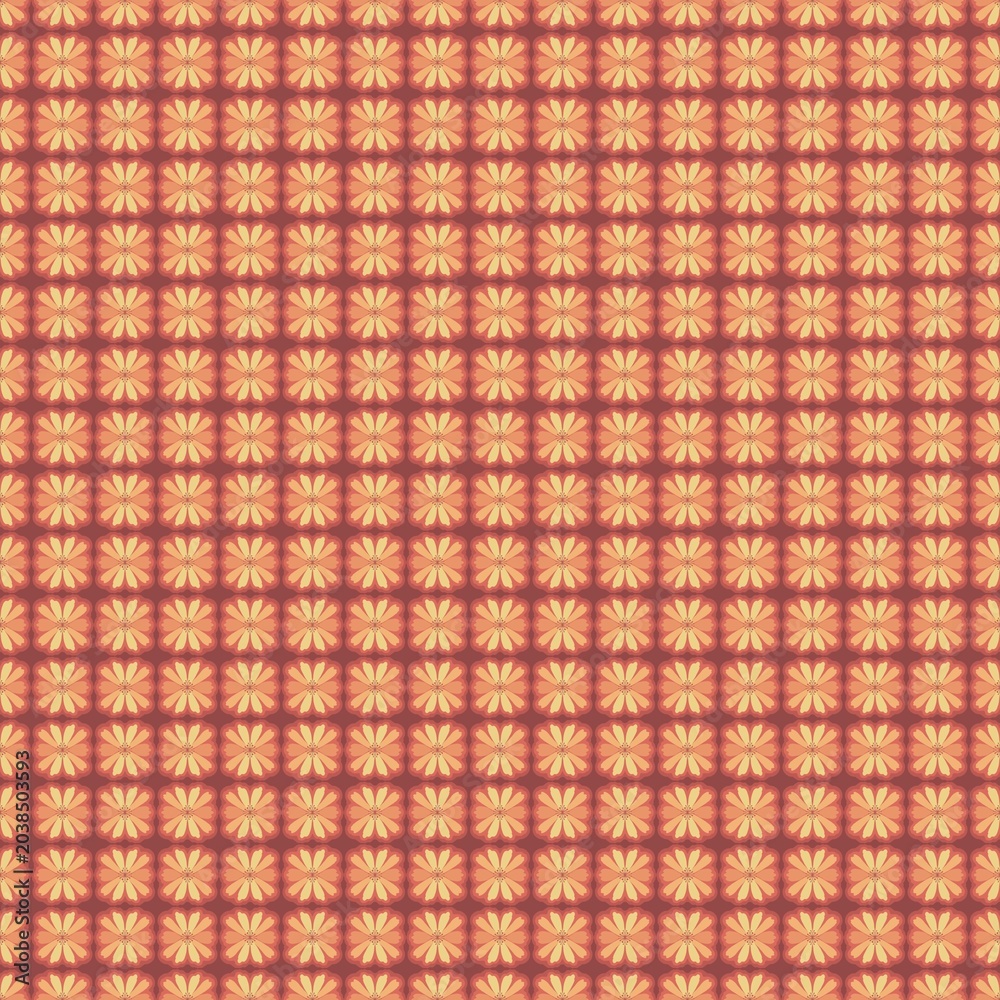 Fototapeta premium Seamless geometric floral pattern featuring warm orange and peach flower motifs arranged in a tiled layout.