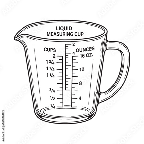 Canvastavla Glass Liquid Measuring Cup Diagram, Detailed Vintage Baking Scale Engraving