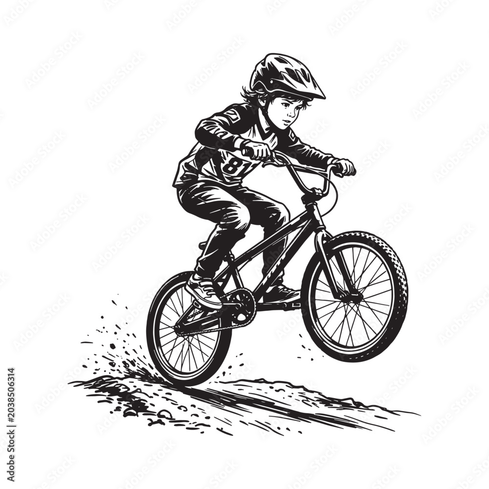 Naklejka premium Young Boy Performing BMX Bike Jump, Vintage Detailed Action Sports Engraving