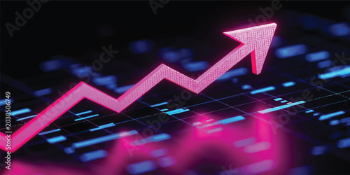 Cuadro en lienzo A 3d stock market chart illustration featuring a neon red line graph, arrow, and