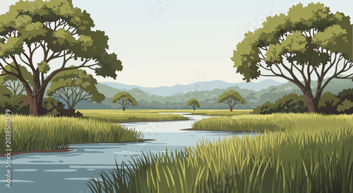 Obraz na plátne Serene savanna landscape with a winding river and acacia trees, a beautiful vect