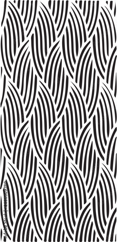 Fototapeta premium Vertical geometric pattern with curved lines creating organic leaf shapes in black and white.