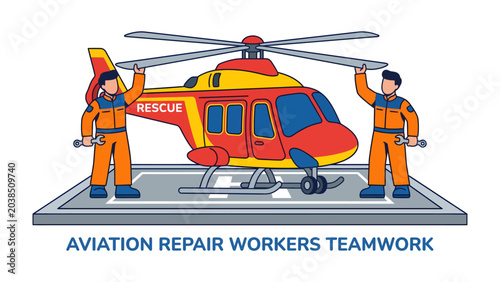 фотографія Aviation Repair Workers Teamwork: Two aviation mechanics in orange jumpsuits work together to maintain a rescue helicopter on a helipad, symbolizing collaborative effort in aircraft maintenance