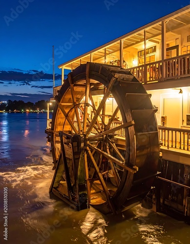 A historic waterwheel at dusk beside a calm body of water