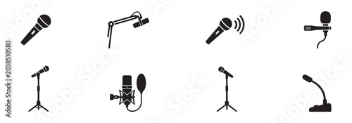 Foto Microphone and audio recording equipment icon set