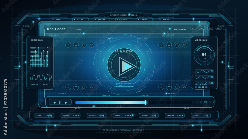 Fototapeta premium Futuristic media console interface with central play button, audio and video bus panels, cyan HUD controls, timeline, and dark grid background