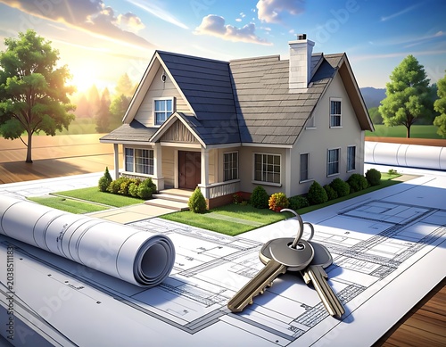 A house with a blueprint and keys on a table