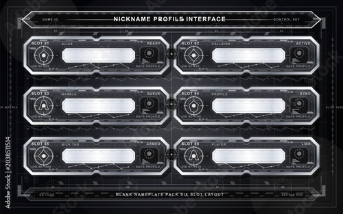 Tableau sur toile Dark sci-fi nickname profile interface with six blank nameplate slots, glowing HUD frames, circular icons, waveform lines, and grid background