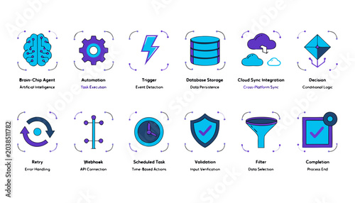 Agent Node Network Row Flat Vector Illustration AI Agent Workflow Interface Icons Set with Brain Chip Automation Gear Lightning Trigger and Database Cylinder Isolated Collection for Marketing and Pres