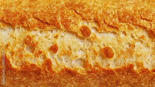 Close-up of crusty bread with textured golden-brown exterior and porous, airy interior. Warm tones