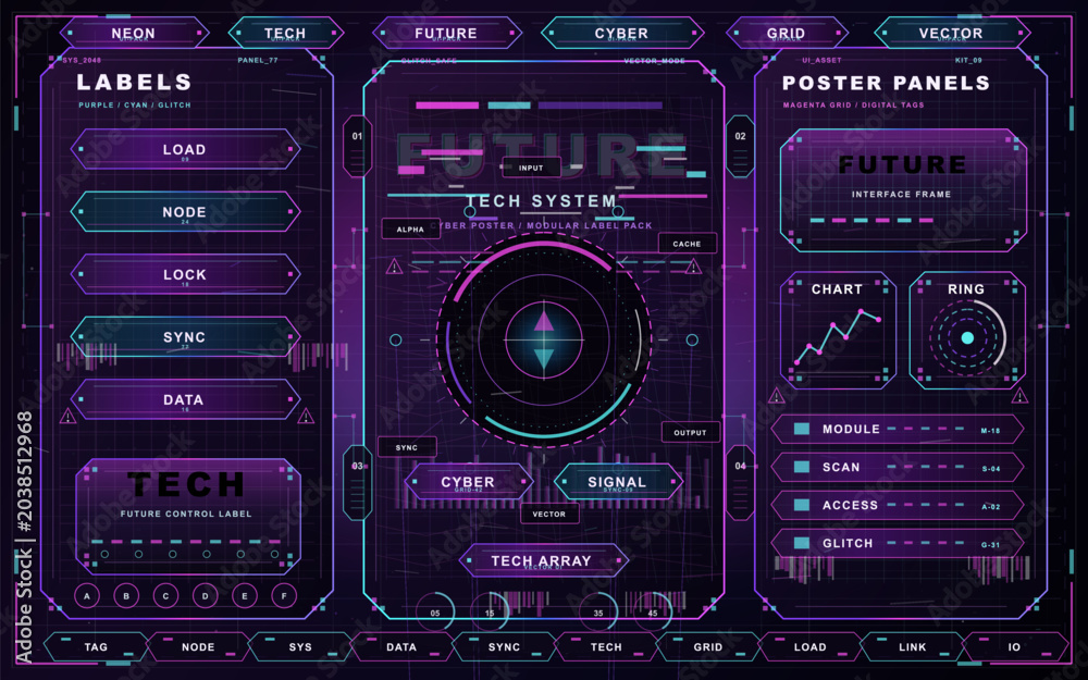 Fototapeta premium Neon purple and cyan tech poster panel kit with futuristic labels, central circular HUD target, charts, modular tags, and dark cyber grid.