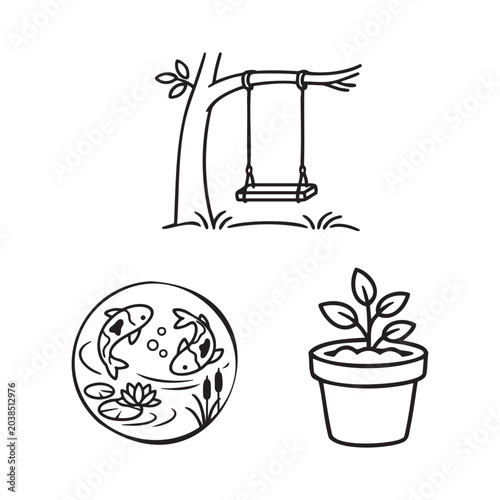 Minimalist Nature Relaxation Icon Set Vector.featuring outdoor relaxation elements including tree swing, koi fish pond, and potted plant.