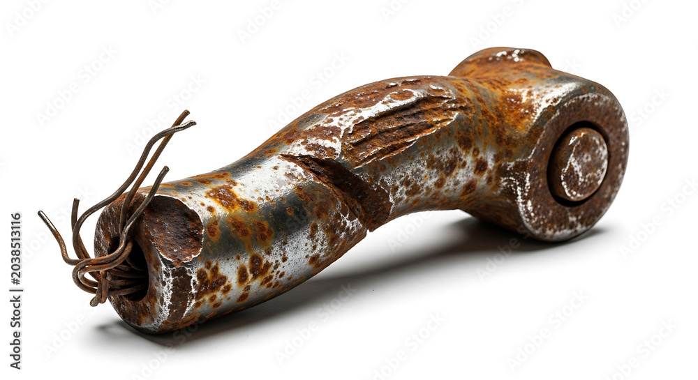 Obraz premium Rusty metal object with a bent pin on a white background