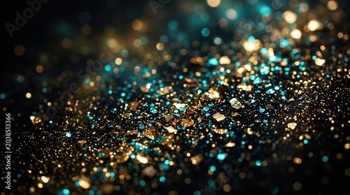 Glittering gold and blue sparkles on black background