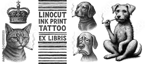 Dog, cat, crown, cigarette, a bad habit, tattoo, print, linocut stamp, ex libris, ink