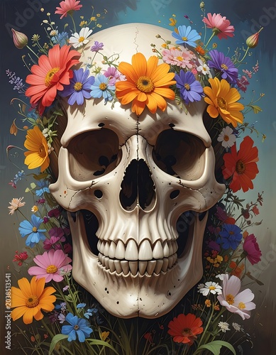 A human skull adorned with a vibrant floral wreath on its head