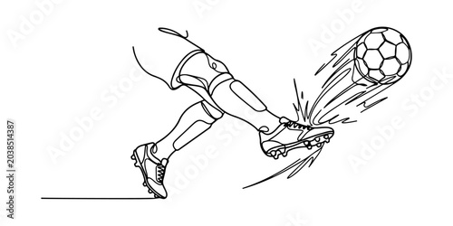 Continuous line drawing of a soccer player kicking the ball, line art vector illustration.