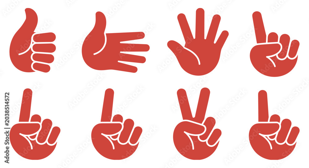 Fototapeta premium Set of Hand Gestures: A collection of red hand icons illustrating various gestures. icon collection, hand sign, gesture variety, communication symbol.