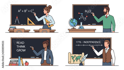 Detailed Vector Illustrations of Teachers at Chalkboards Featuring Four Distinct Scenes in a Neat Geometric Design Perfect for School Presentations E-learning Modules and Academic Materials