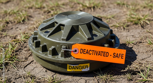 A deactivated mine lies isolated on a grassy field with warning signs.