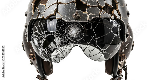 Broken pilot helmet isolated on white background, concept of damage and failure