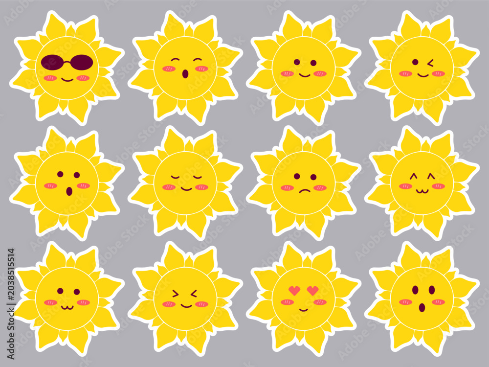 Fototapeta premium Set of cute sun stickers with different emotions and white outline, perfect for children’s designs, planners, scrapbooking, weather icons and playful summer branding