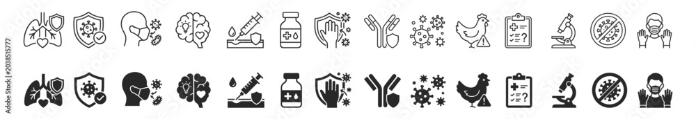 Fototapeta premium Set of healthcare and medical icons related to virus protection, vaccination, brain health, immune system, and microbiology research on transparent background
