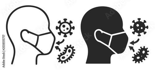 Black and white icon of a person wearing a face mask protecting against viruses and bacteria on transparent background