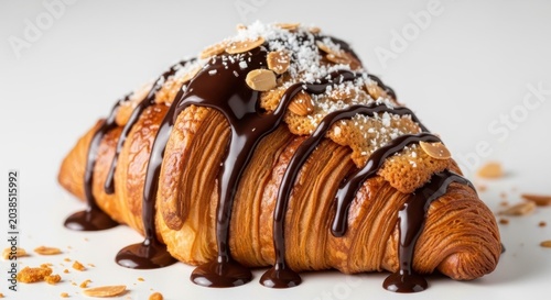 A delicious chocolate croissant covered in melted chocolate and sprinkled with almonds and powdered sugar sits on a white surface