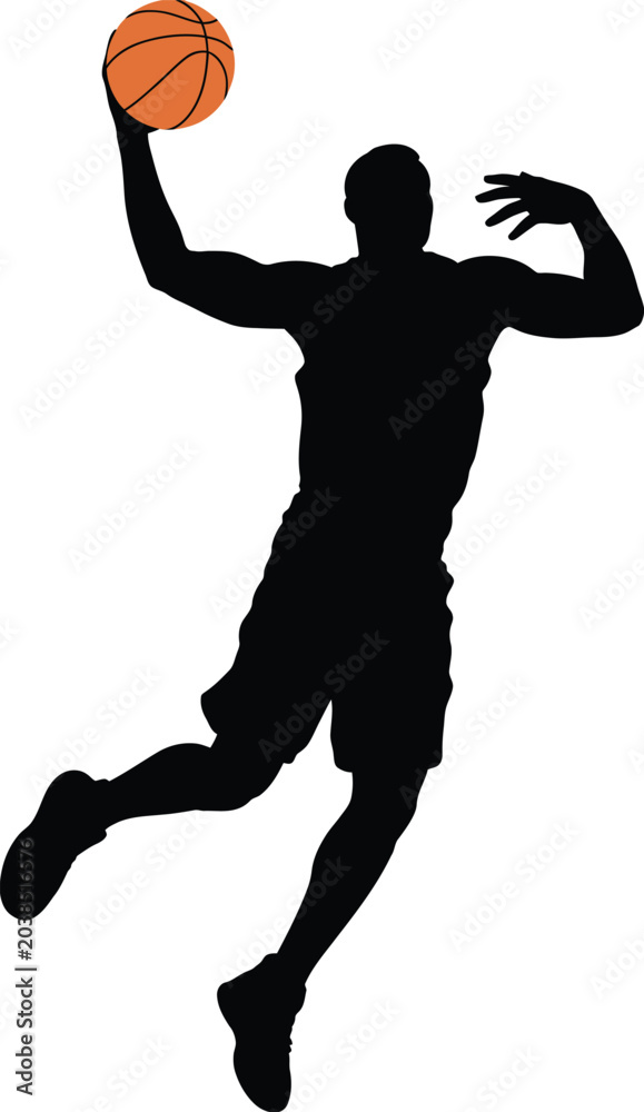 Obraz premium Basketball player silhouette jumping for a dunk with ball.