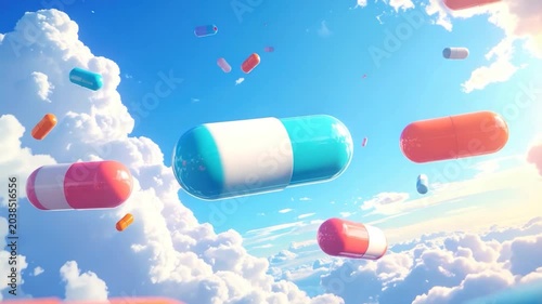 Colorful capsules float in a bright blue sky amidst fluffy white clouds