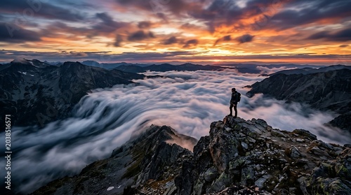 Lone Explorer Watching Sea of Clouds from Rocky Mountain Peak
