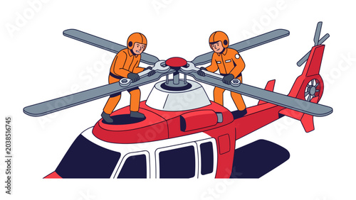 Quadro su tela Helicopter Mechanics: Two technicians in orange uniforms working on the rotor blades of a red helicopter