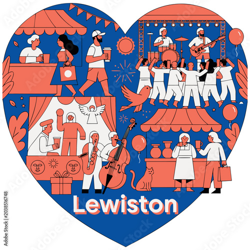 Lewiston Community Festival Vector Illustration: Heart Shape Collage of Local Music Concert, Street Food Market, Theater, and Arts Celebration