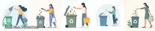 Konstfotografi Illustrations showcasing people thoughtfully sorting waste for recycling, promot