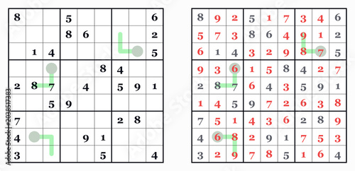 Fotografía Sudoku puzzle with hints and solutions marked in red and green