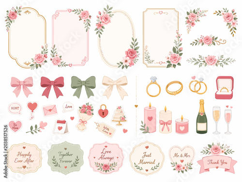 Charming Collection of Wedding and Engagement Graphics Featuring Delicate Floral Frames, Golden Rings, Romantic Bows, and Festive Celebration Essentials