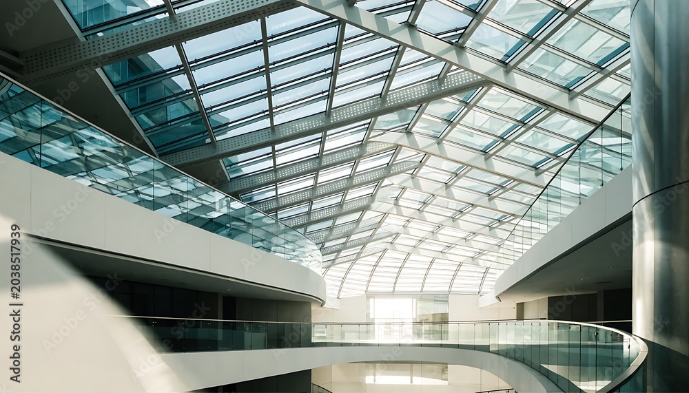 Fototapeta premium The interior of a modern building featuring a multi-level atrium with a striking glass and steel geometric ceiling, reflecting natural light and