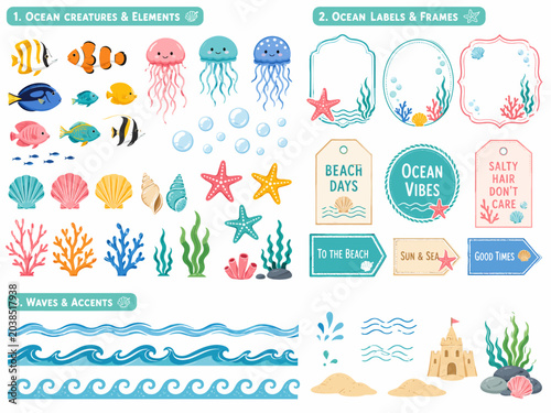 Vibrant ocean-themed vector collection of marine creatures, beach elements, decorative frames, summer labels, and playful wave patterns, ideal for graphic projects